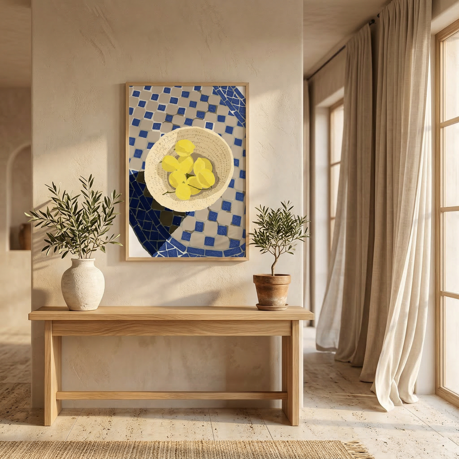 firefly geminiflash mediterranean minimalist interior with a framed art poster hanging on a soft beige wa 893628